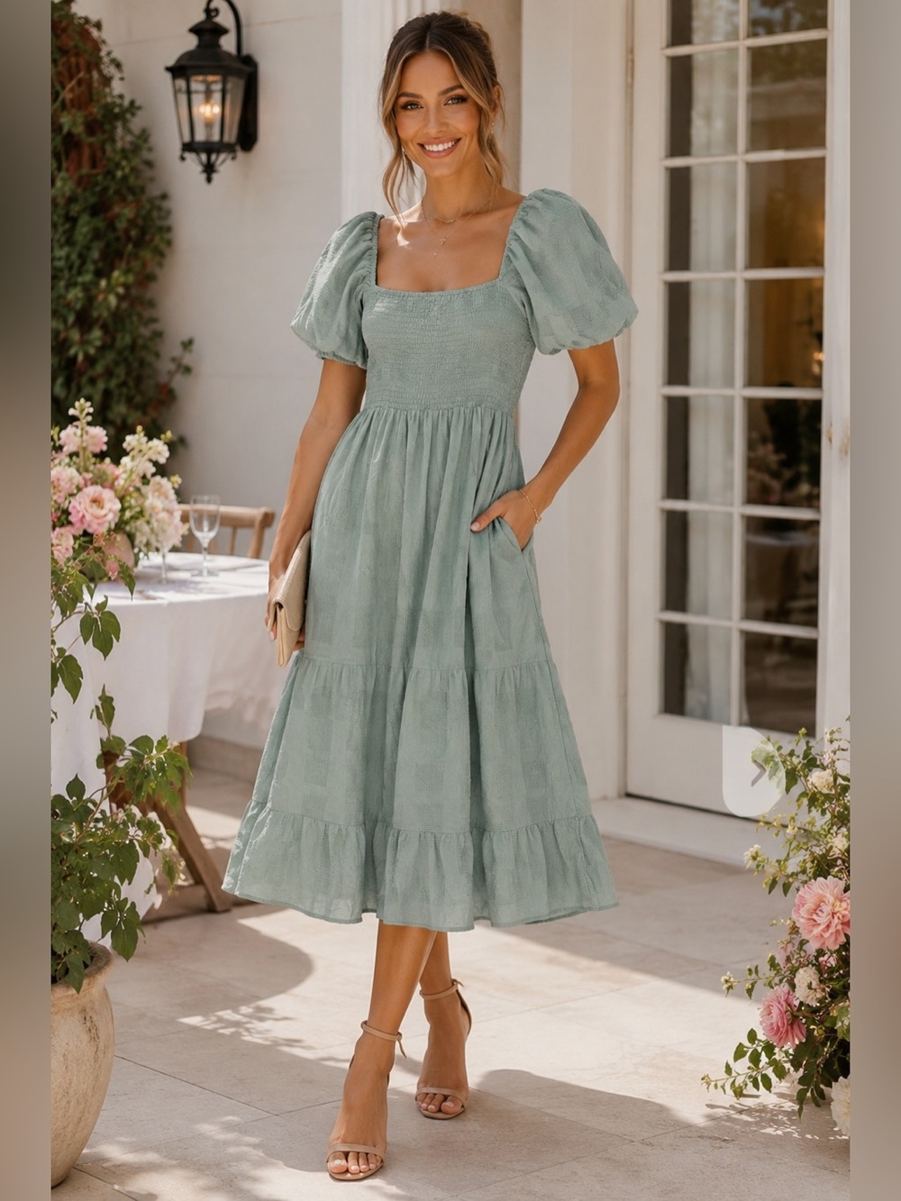 Lulus Budding Charm Sage Smocked Puff Sleeve Midi Dress Pockets NWT L